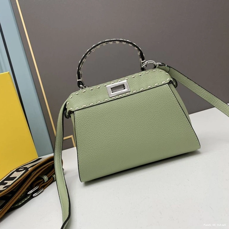 Vintage HOT Green Mini Leather In Peekaboo Bag Stitching Fendi Calf Iconic 0801